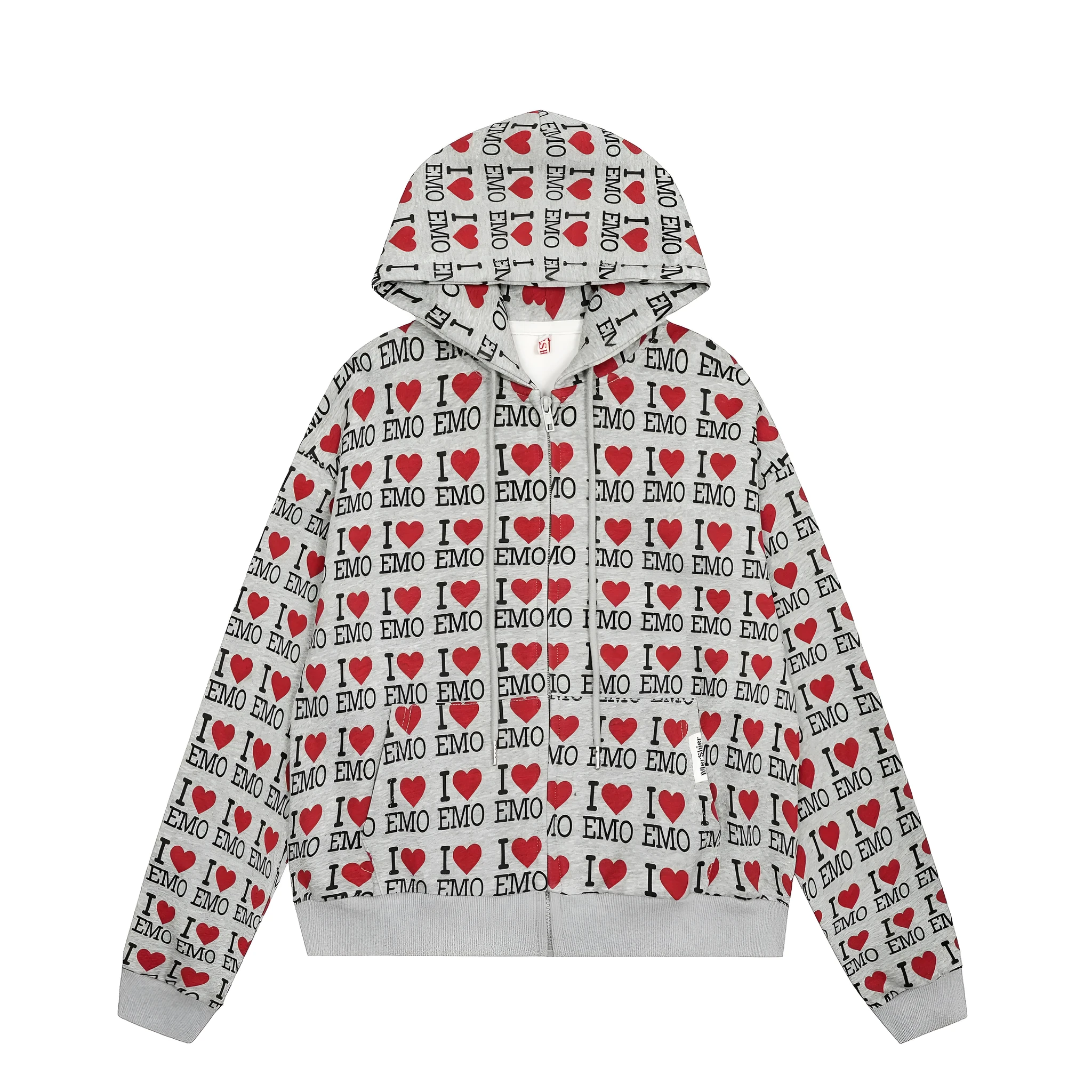 Women's melange grey cotton cardigan with a retro pattern and hood on a hanger.