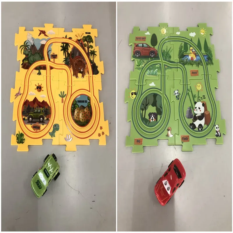 Children puzzle electric railroad speeder DIY assembly track set with automatic car and plastic pieces in multiple themes