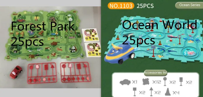 Children puzzle electric railroad speeder DIY assembly track set with automatic car and plastic pieces in multiple themes
