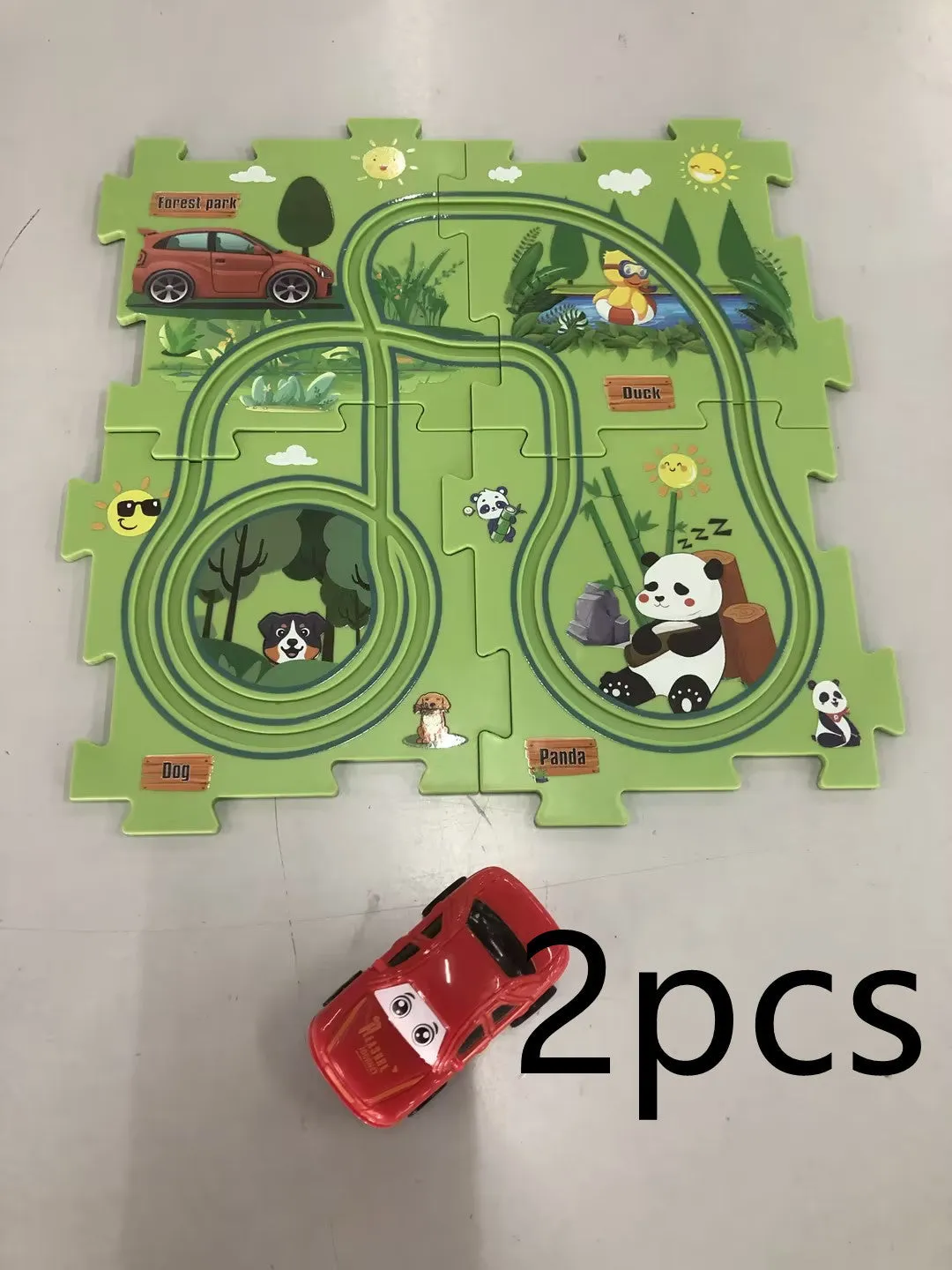 Children puzzle electric railroad speeder DIY assembly track set with automatic car and plastic pieces in multiple themes