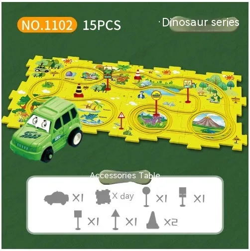 Children puzzle electric railroad speeder DIY assembly track set with automatic car and plastic pieces in multiple themes