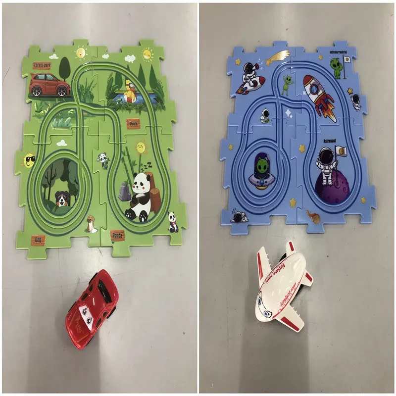 Children puzzle electric railroad speeder DIY assembly track set with automatic car and plastic pieces in multiple themes