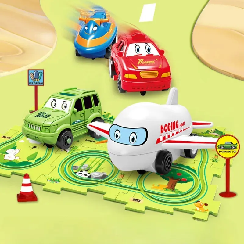 Children puzzle electric railroad speeder DIY assembly track set with automatic car and plastic pieces in multiple themes