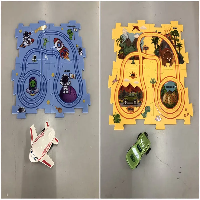 Children puzzle electric railroad speeder DIY assembly track set with automatic car and plastic pieces in multiple themes
