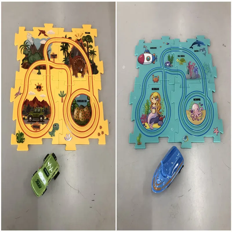 Children puzzle electric railroad speeder DIY assembly track set with automatic car and plastic pieces in multiple themes