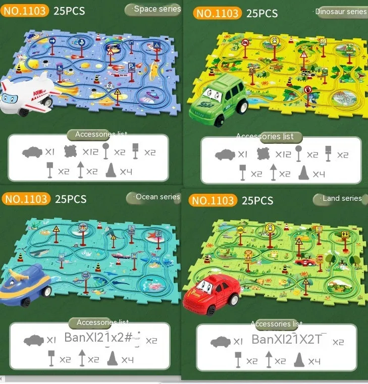 Children puzzle electric railroad speeder DIY assembly track set with automatic car and plastic pieces in multiple themes