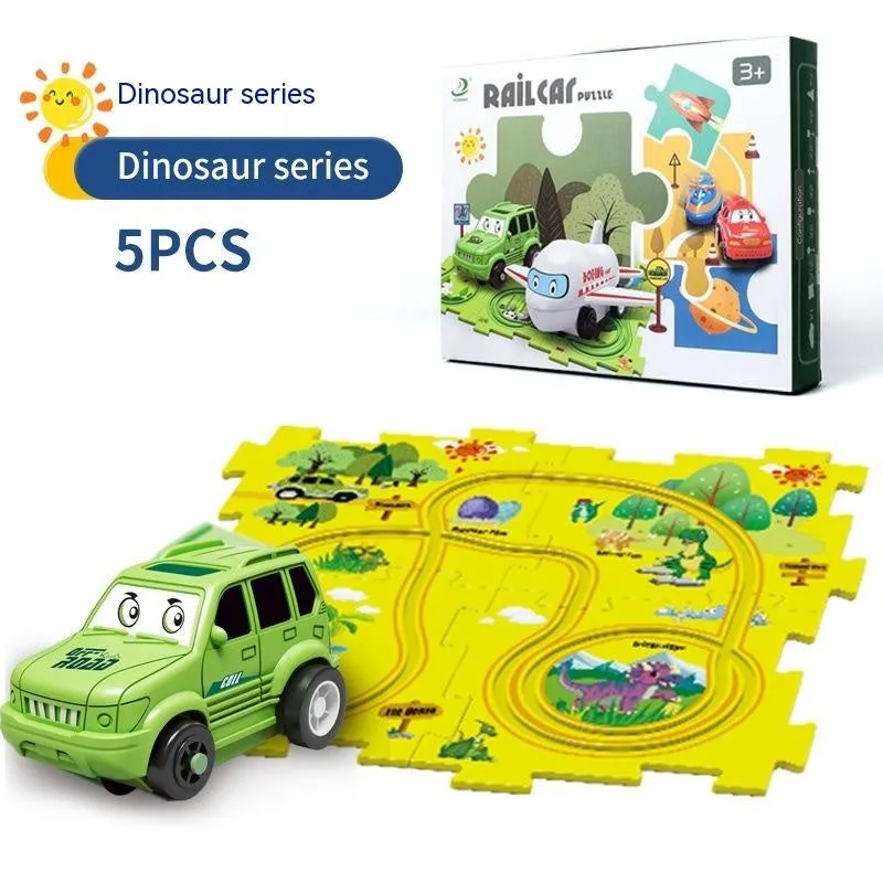 Children puzzle electric railroad speeder DIY assembly track set with automatic car and plastic pieces in multiple themes