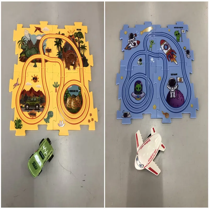 Children puzzle electric railroad speeder DIY assembly track set with automatic car and plastic pieces in multiple themes