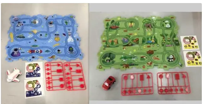 Children puzzle electric railroad speeder DIY assembly track set with automatic car and plastic pieces in multiple themes