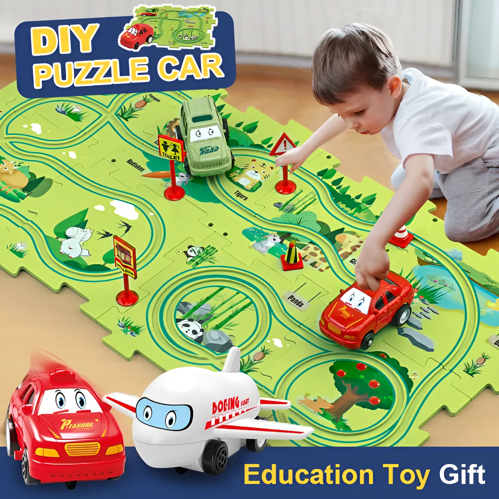 Children puzzle electric railroad speeder DIY assembly track set with automatic car and plastic pieces in multiple themes
