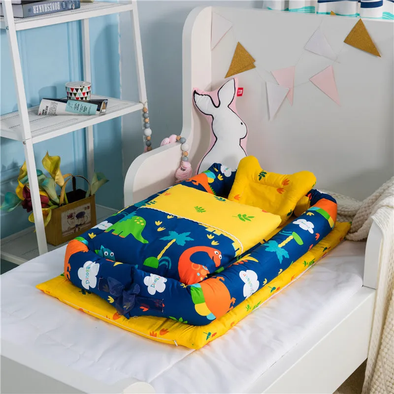 Portable foldable newborn crib with bionic mattress, cotton cover, and quilt in feather white style
