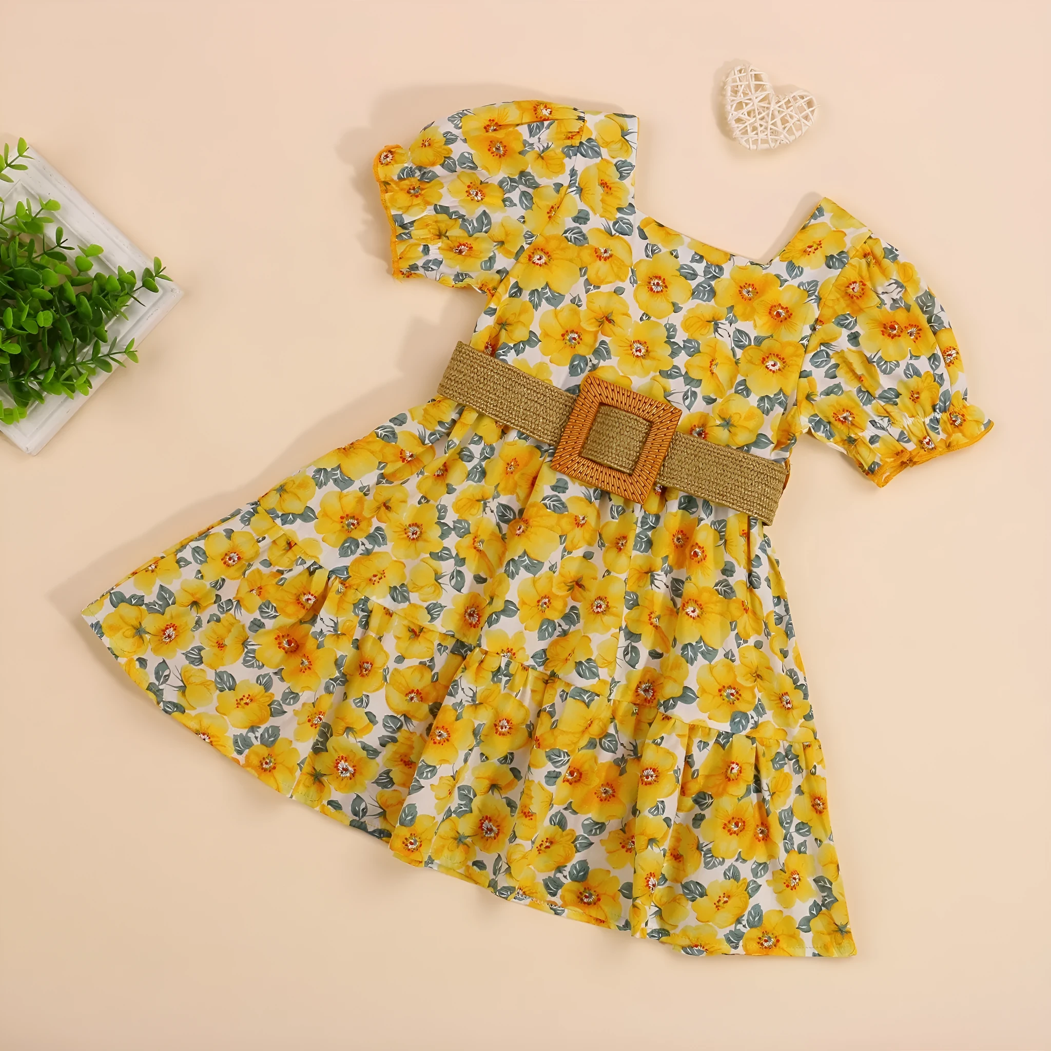 Yellow baby dress for girls made from cotton, sizes 2T to 6T