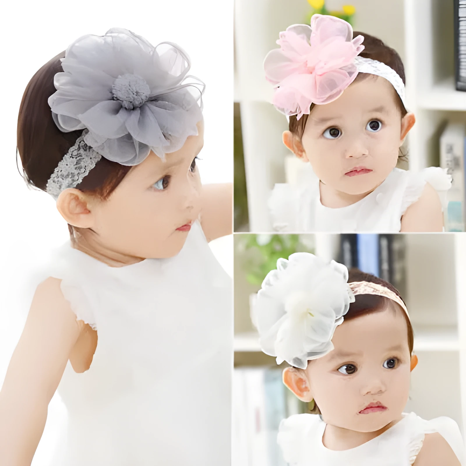Set of fabric baby hair accessories including plaid headbands and hair bands in beige, gray, and pink