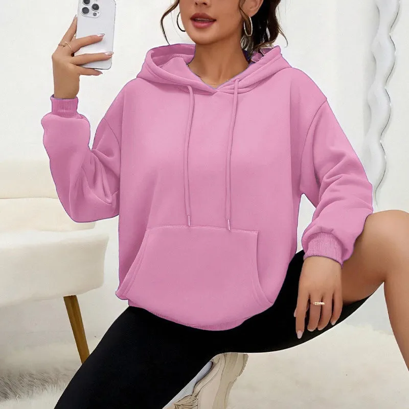 Women's loose grey drawstring hoodie with front pocket, laid flat.