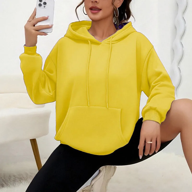 Women's loose grey drawstring hoodie with front pocket, laid flat.