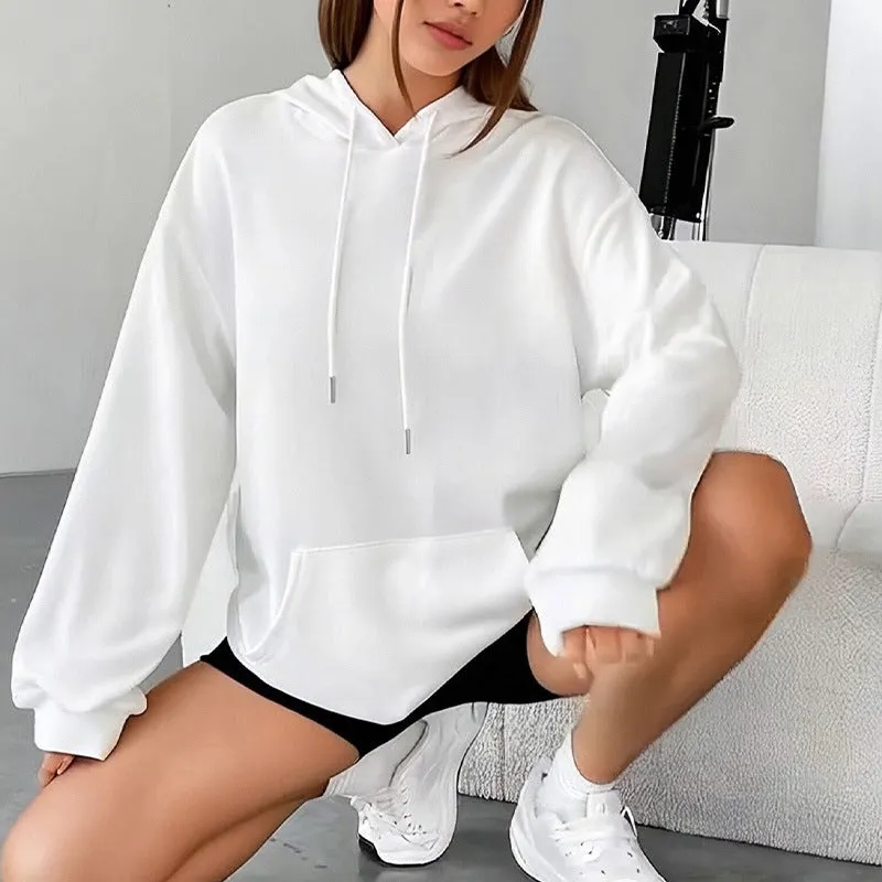 Women's loose grey drawstring hoodie with front pocket, laid flat.