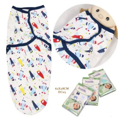 Cotton baby anti-startle swaddle wrap in blue with cartoon print, size 62x28 cm