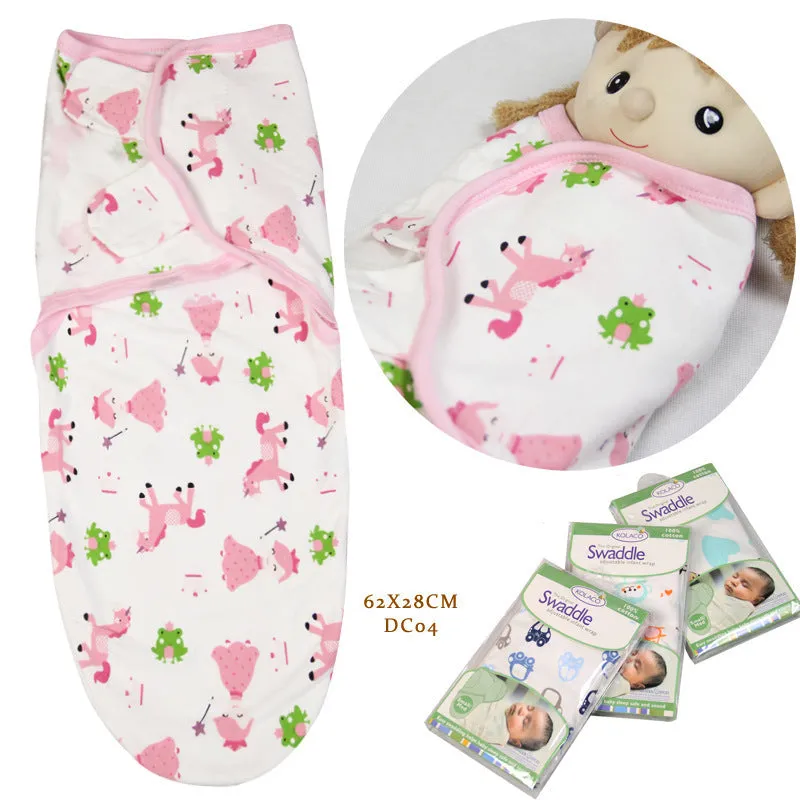 Cotton baby anti-startle swaddle wrap in blue with cartoon print, size 62x28 cm