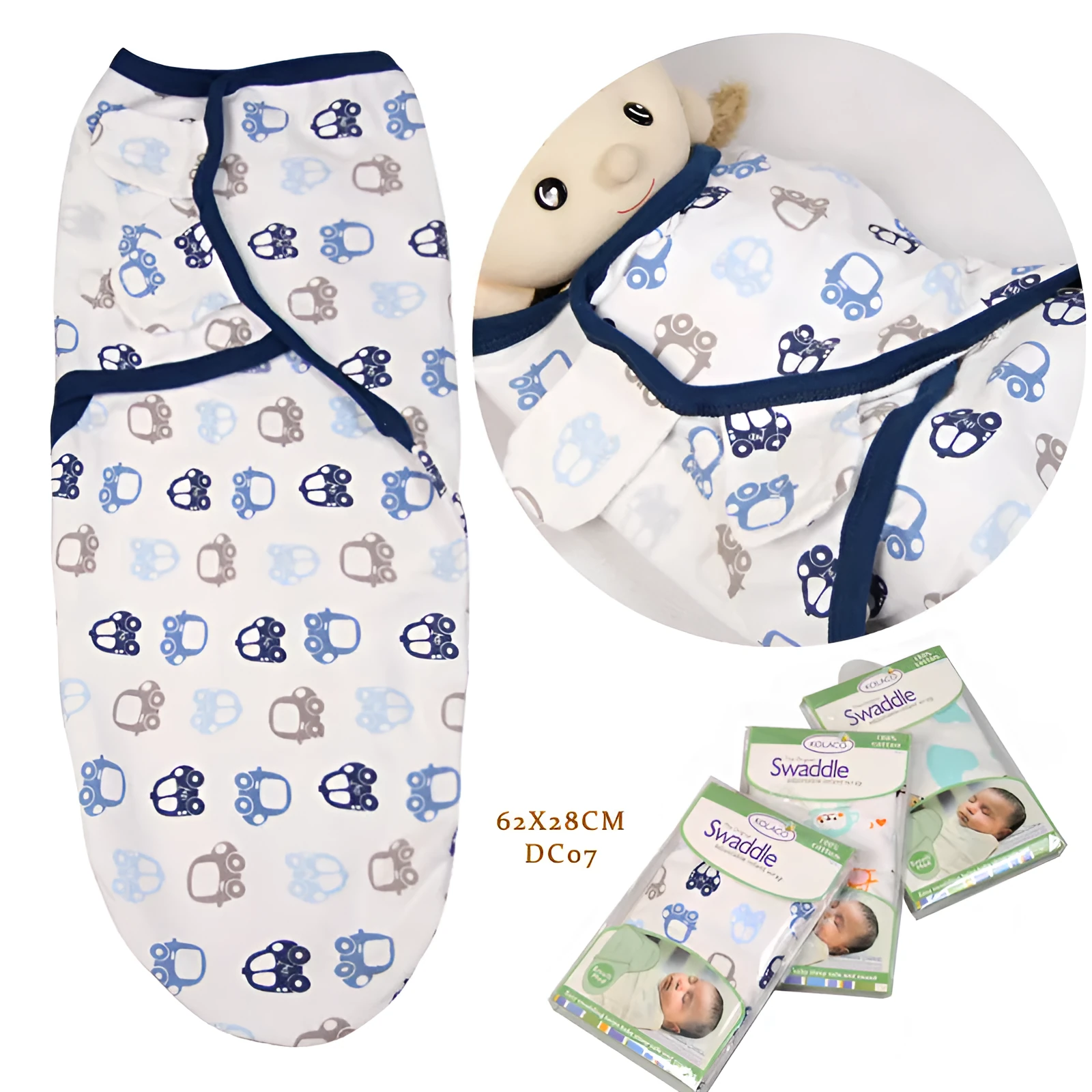 Cotton baby anti-startle swaddle wrap in blue with cartoon print, size 62x28 cm