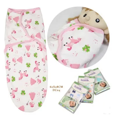 Cotton baby anti-startle swaddle wrap in blue with cartoon print, size 62x28 cm