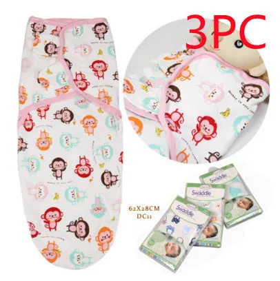 Cotton baby anti-startle swaddle wrap in blue with cartoon print, size 62x28 cm