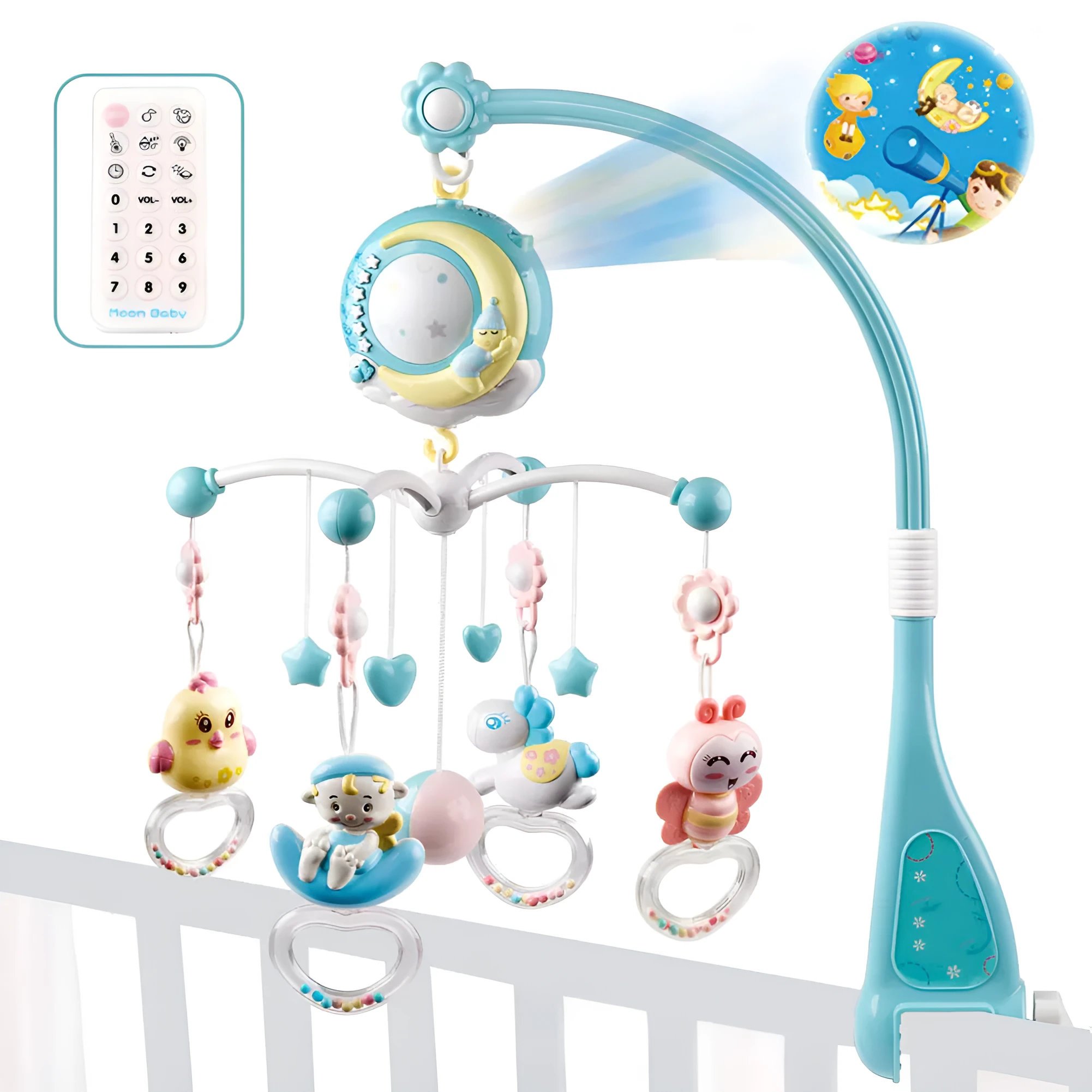 Baby crib mobile with music box, star projection, and remote control for newborn sleep