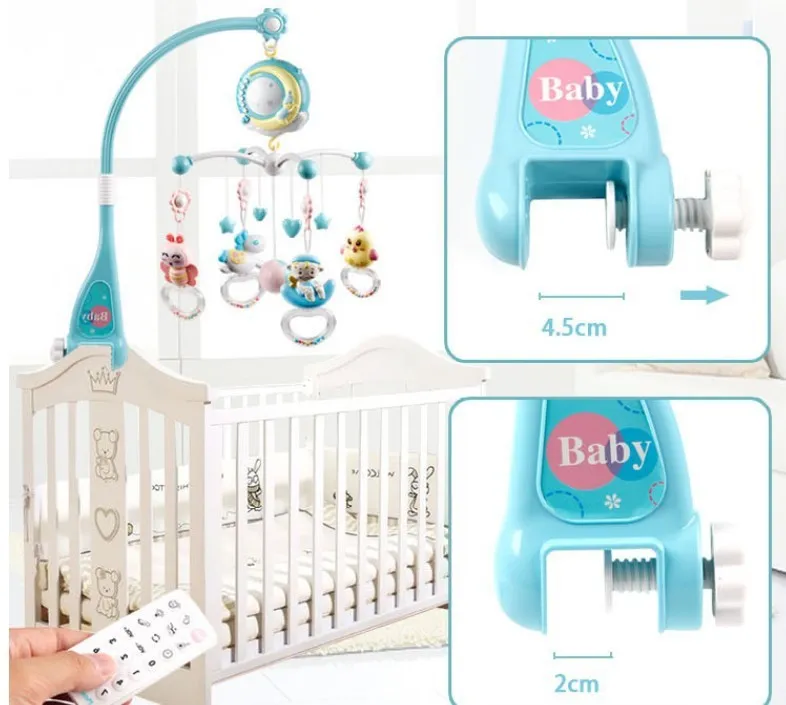 Baby crib mobile with music box, star projection, and remote control for newborn sleep