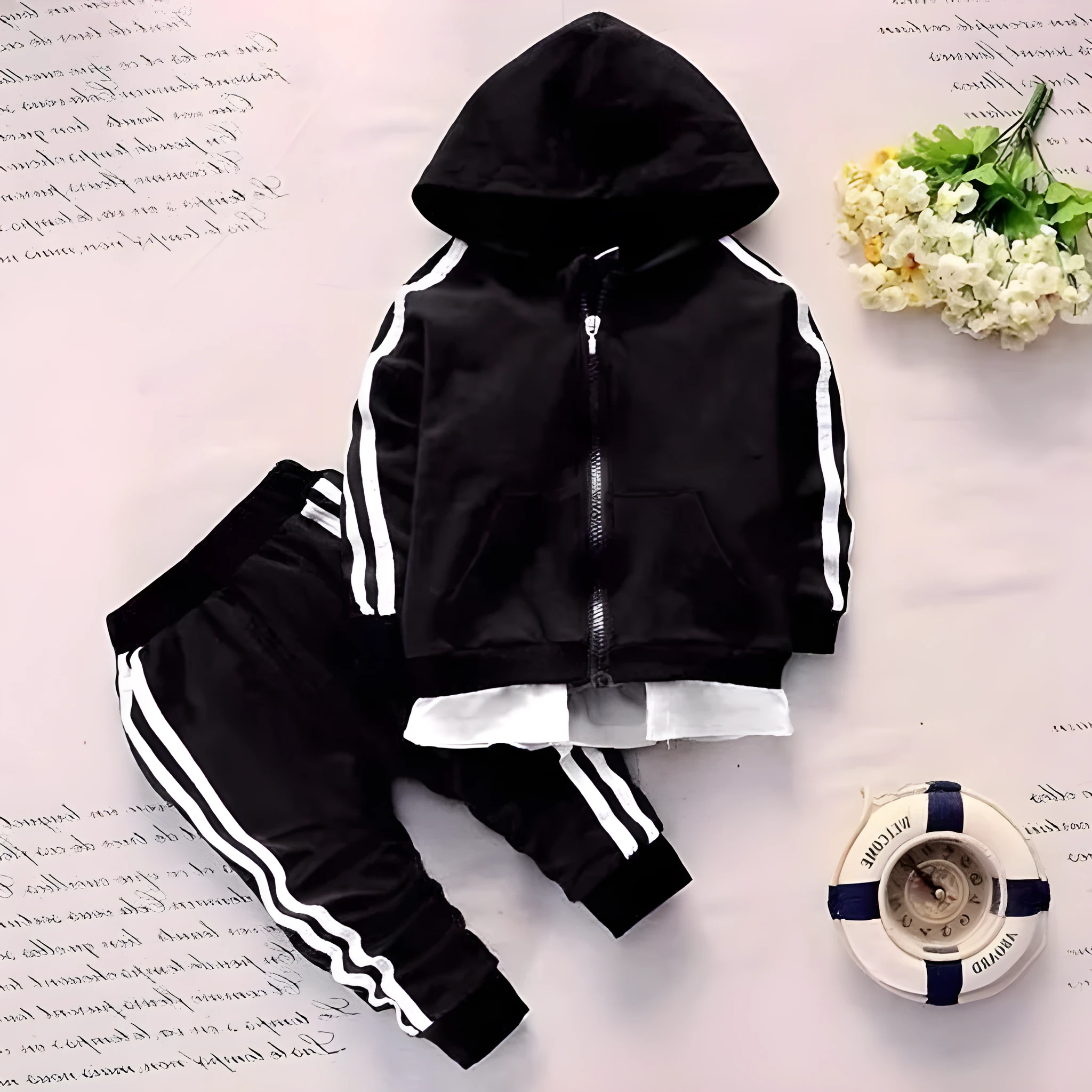 Children's cotton blend sports suit in black with matching top and trousers for toddlers