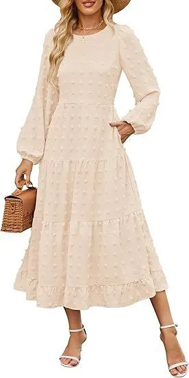 Women's beige high waist long sleeve dress with ruffle sleeves, shown front view.