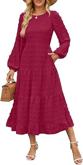 Women's beige high waist long sleeve dress with ruffle sleeves, shown front view.
