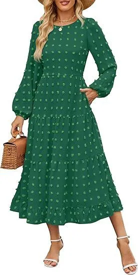 Women's beige high waist long sleeve dress with ruffle sleeves, shown front view.