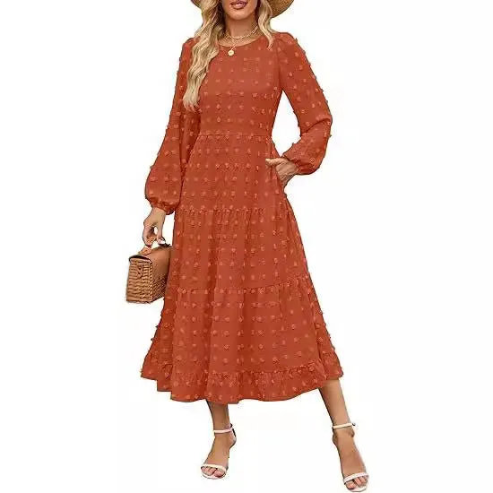 Women's beige high waist long sleeve dress with ruffle sleeves, shown front view.