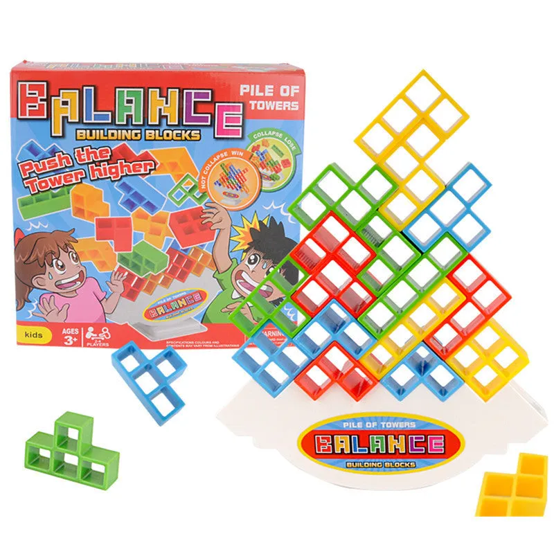 Balance stacking board game with 16 plastic coloured building blocks, base and chassis on a flat surface