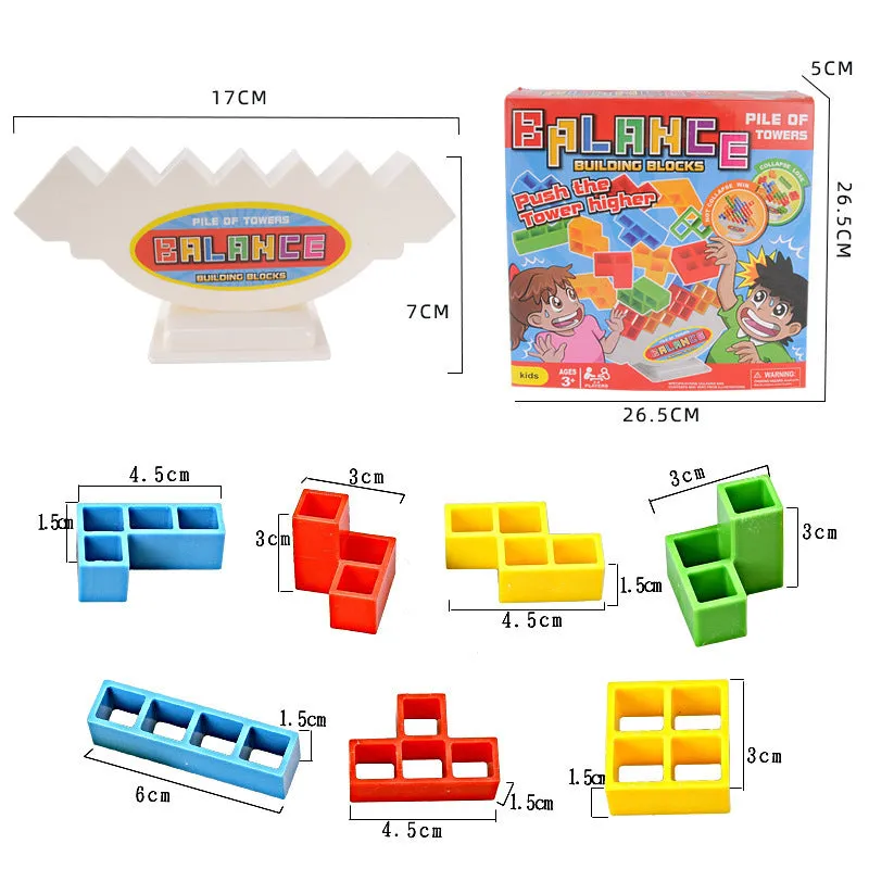 Balance stacking board game with 16 plastic coloured building blocks, base and chassis on a flat surface