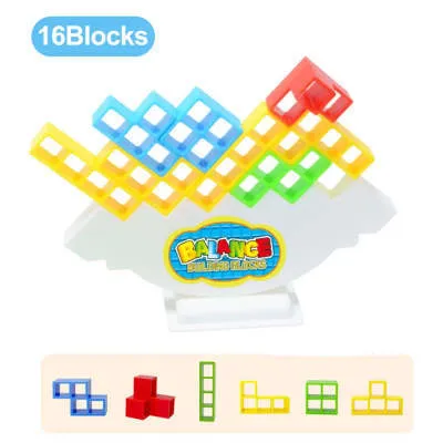 Balance stacking board game with 16 plastic coloured building blocks, base and chassis on a flat surface