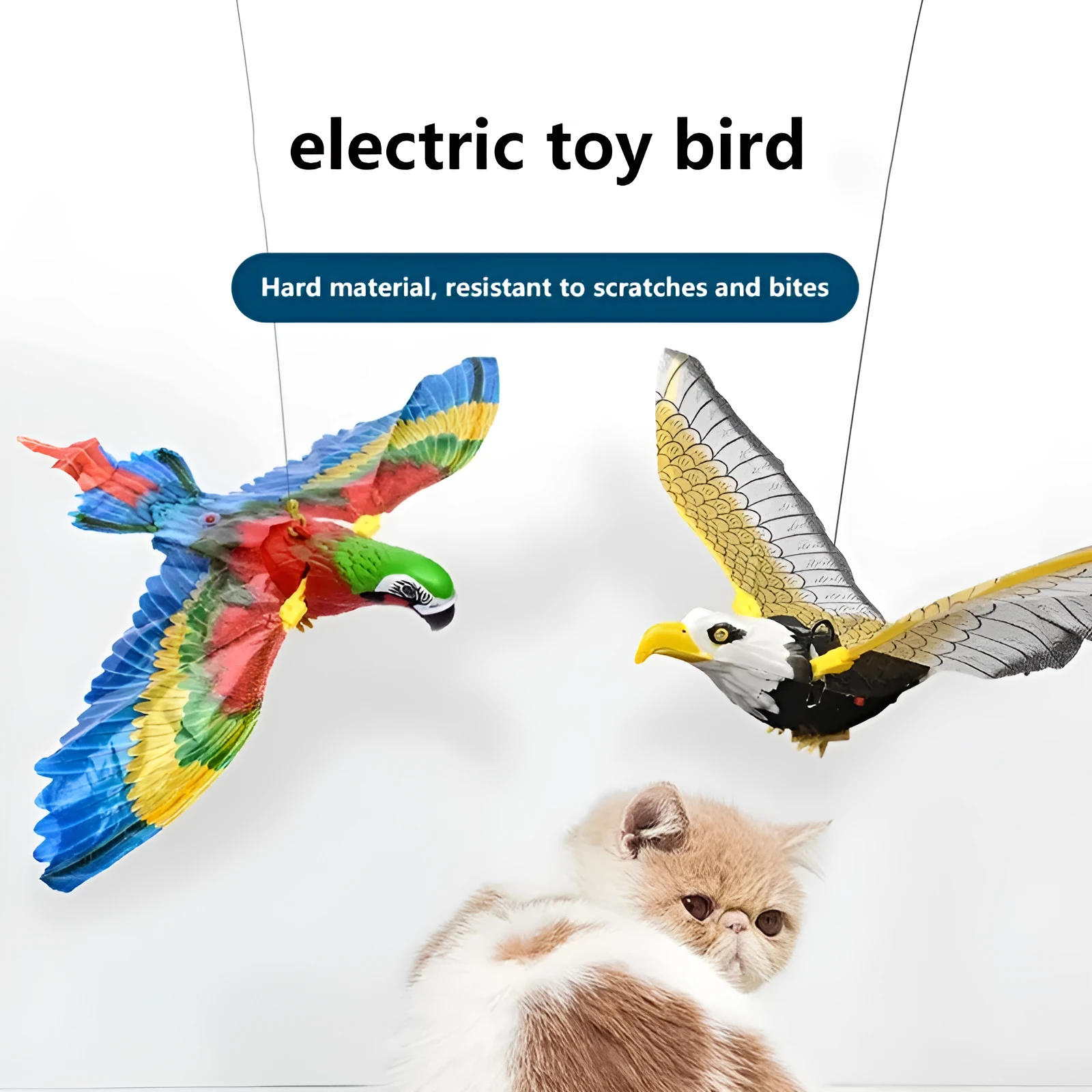 Plastic simulation bird cat toy hanging from ceiling with rotating mechanism, 25cm or 43cm variant