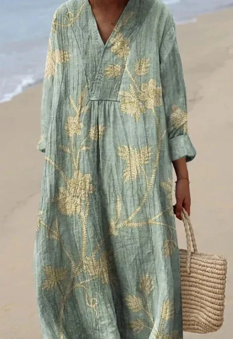 Casual long-sleeve shirt dress with a 3D printed floral pattern and a long skirt.