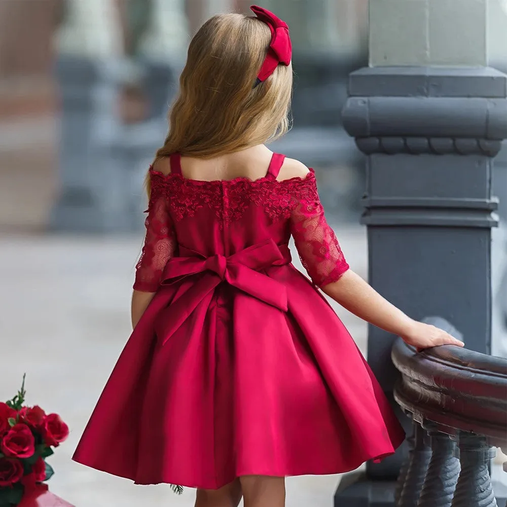 Simple style kids girls dress in polyester fibre with lace trim, available in multiple colours and sizes 3T to 10T