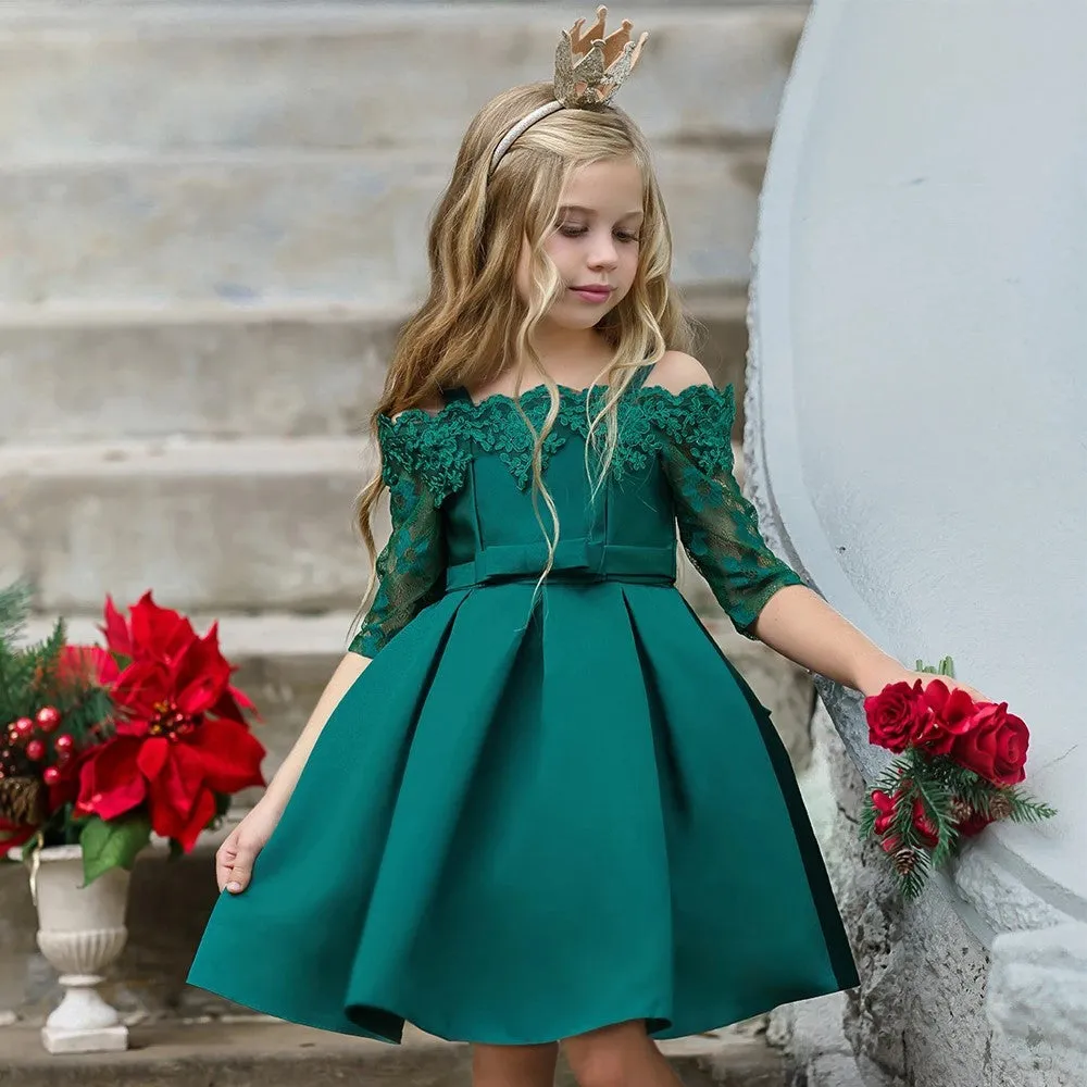 Simple style kids girls dress in polyester fibre with lace trim, available in multiple colours and sizes 3T to 10T