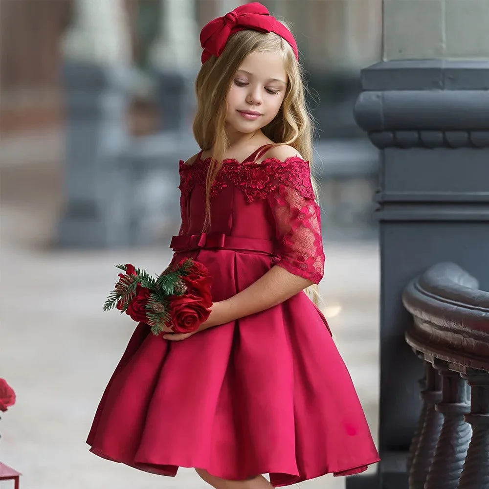 Simple style kids girls dress in polyester fibre with lace trim, available in multiple colours and sizes 3T to 10T