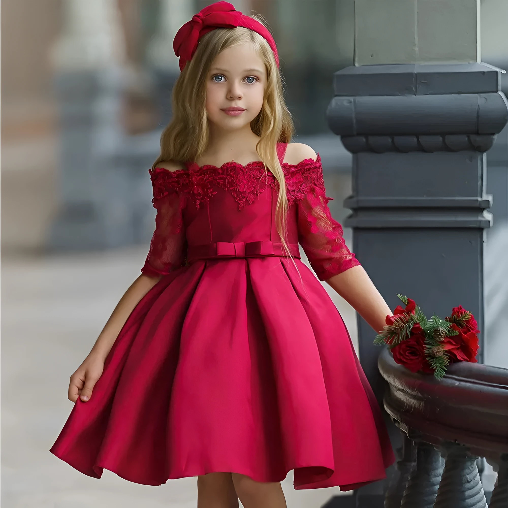 Simple style kids girls dress in polyester fibre with lace trim, available in multiple colours and sizes 3T to 10T