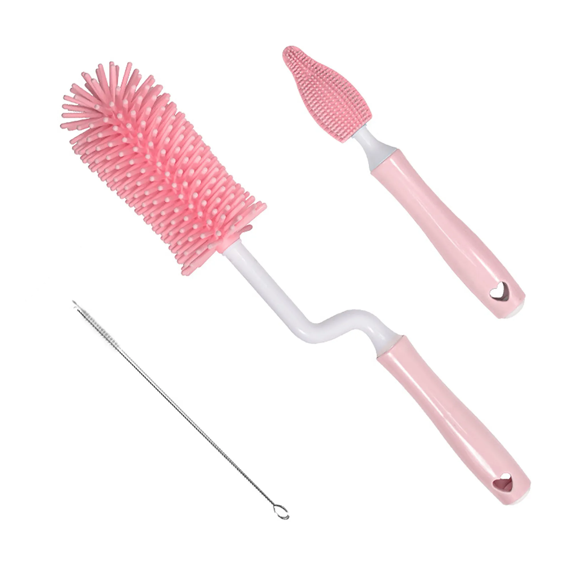 Three silicone baby bottle brushes in blue, pink, and yellow with straw scrubber on white background