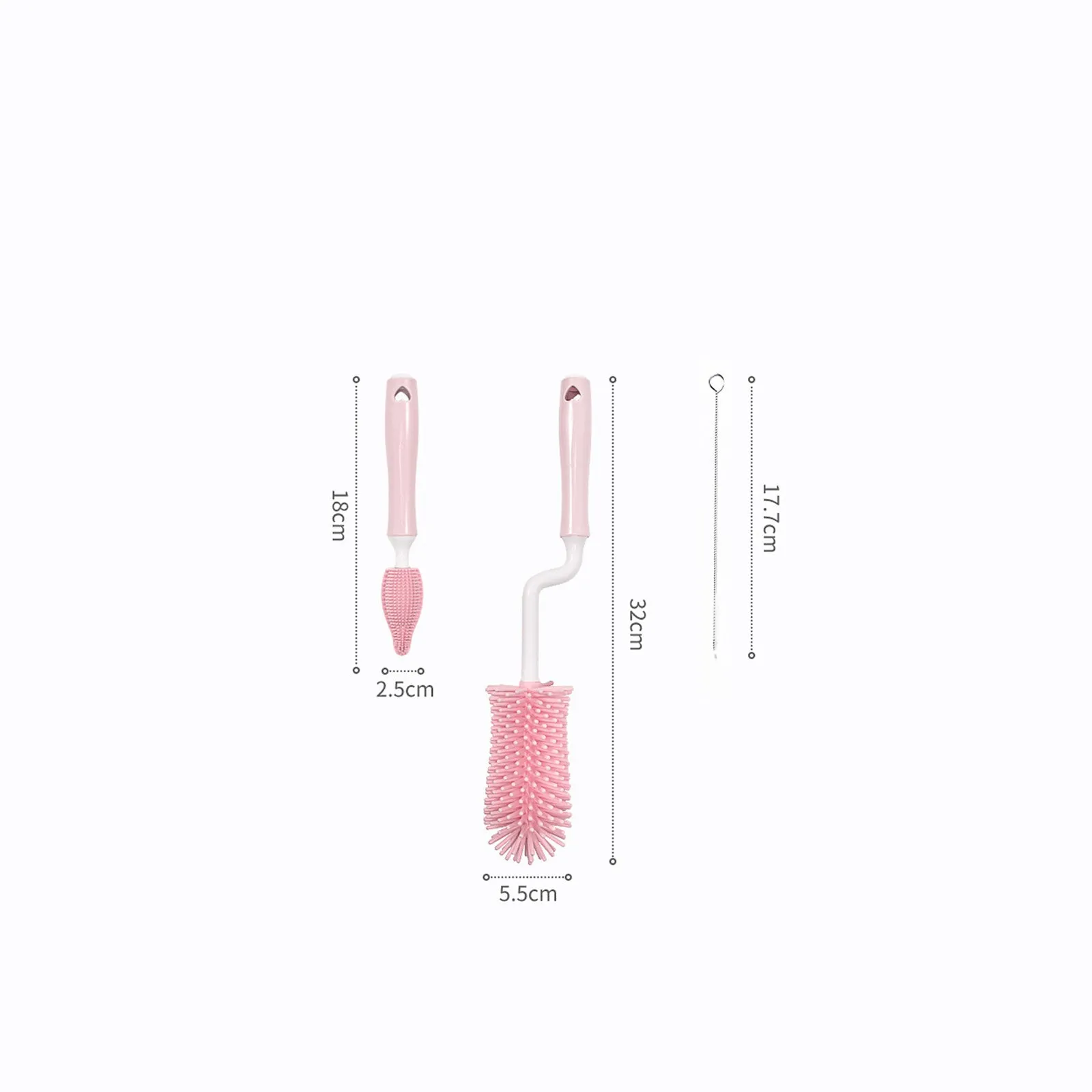 Three silicone baby bottle brushes in blue, pink, and yellow with straw scrubber on white background