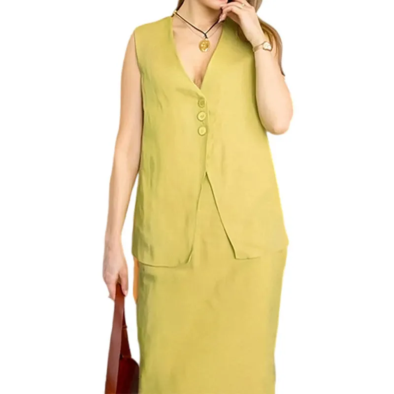Blue casual sleeveless vest and long skirt two-piece set on a hanger.