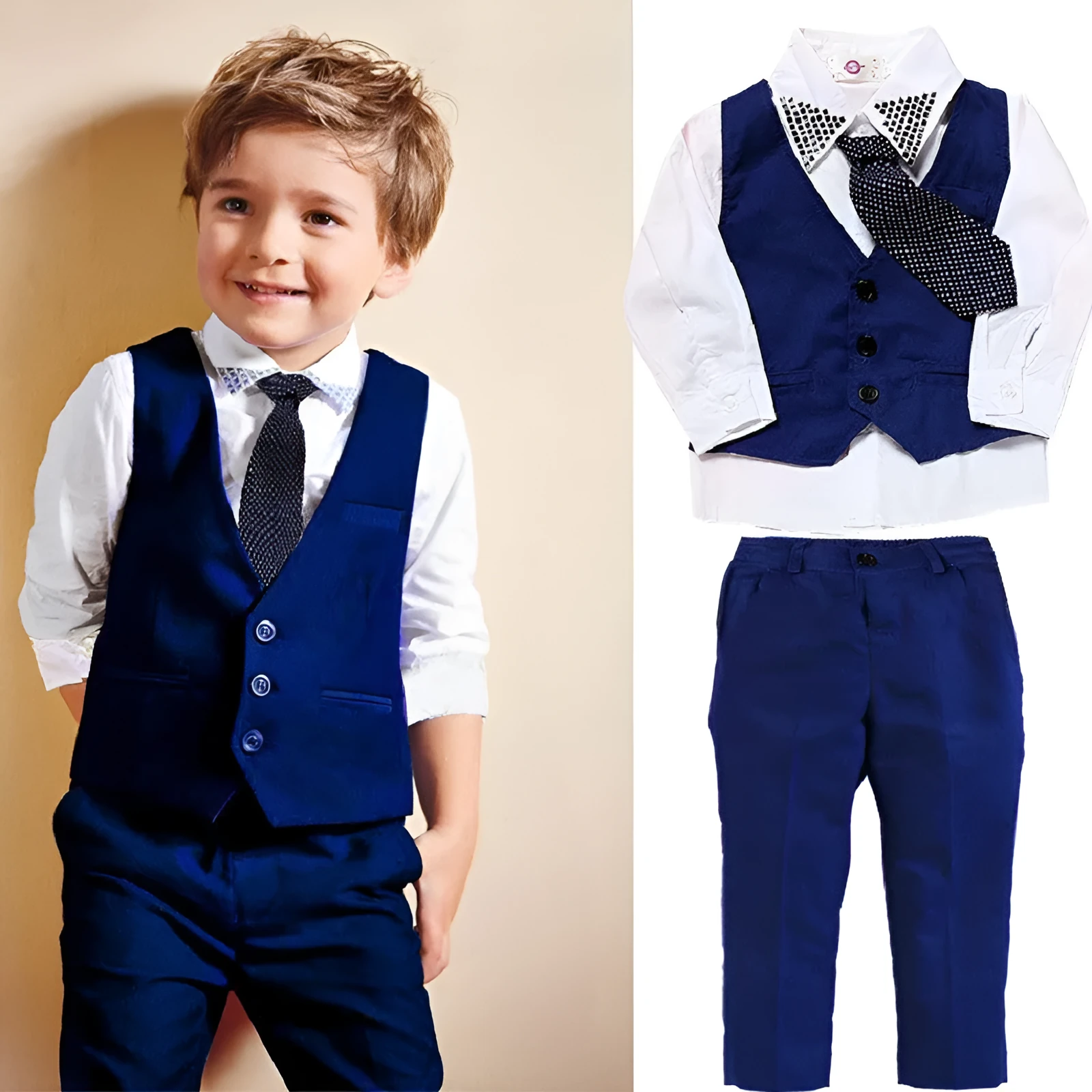 Boys' blue 80% cotton suit set with turtleneck, vest, tie, and trousers