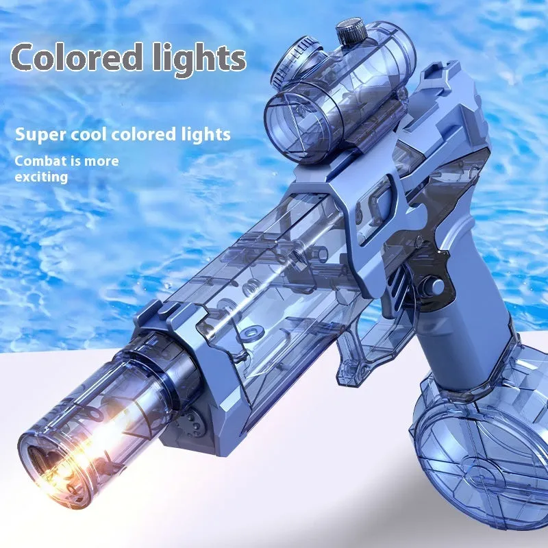 Fire Rat electric water pistol with cool light, automatic spray, black and blue colours, 8-10 metre range