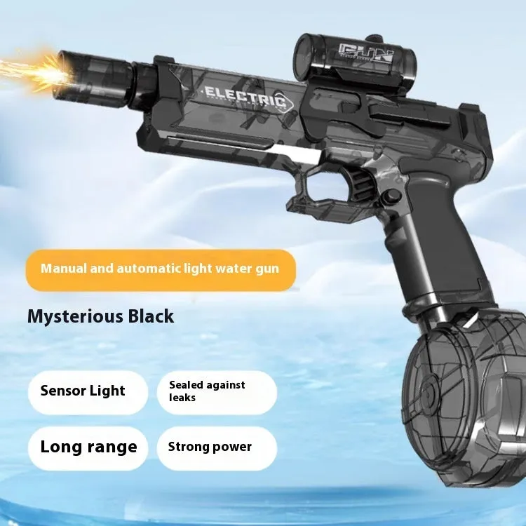 Fire Rat electric water pistol with cool light, automatic spray, black and blue colours, 8-10 metre range