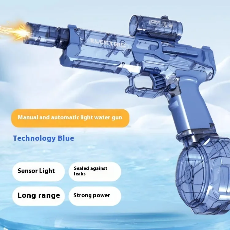 Fire Rat electric water pistol with cool light, automatic spray, black and blue colours, 8-10 metre range