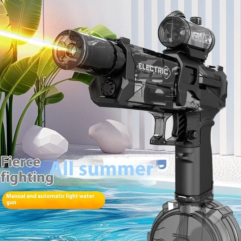 Fire Rat electric water pistol with cool light, automatic spray, black and blue colours, 8-10 metre range