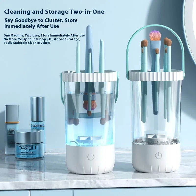 White rechargeable electric makeup brush cleaning device with USB charging cable